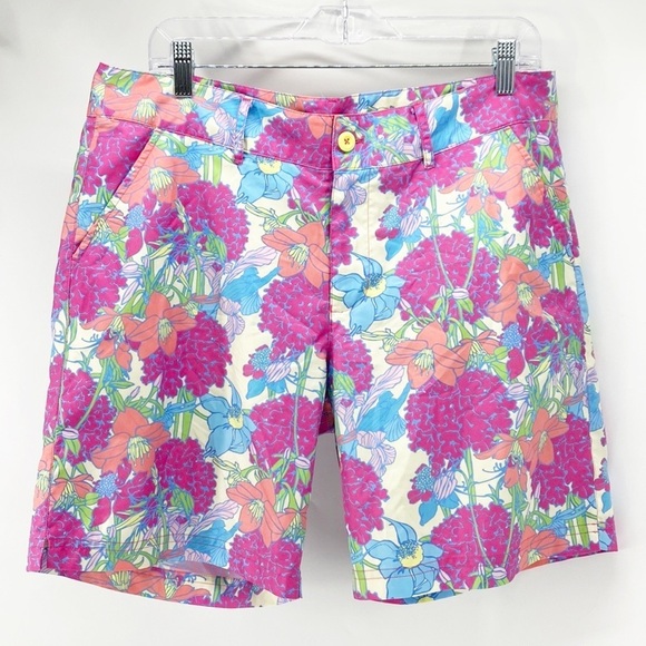 BIRDIES AND BOWS GOLF SHORTS PINK BLUE GREEN floral pattern - Picture 1 of 4